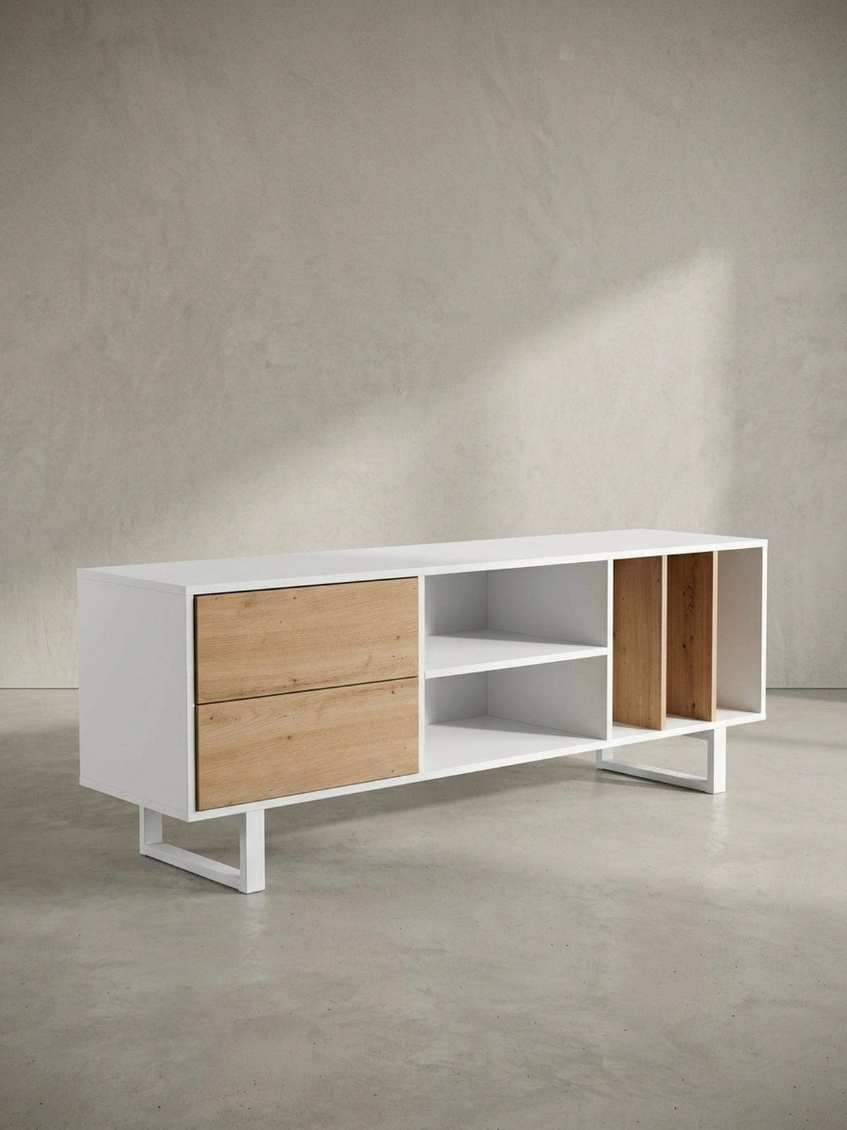 TV-LOWBOARD mit Eiche-Dekor, Schubladen und offenes Regal, modern, Weiß 150x40x55 cm - Weiß, Holzwerkstoff/Metall (150/55/40cm) - KADIMA DESIGN