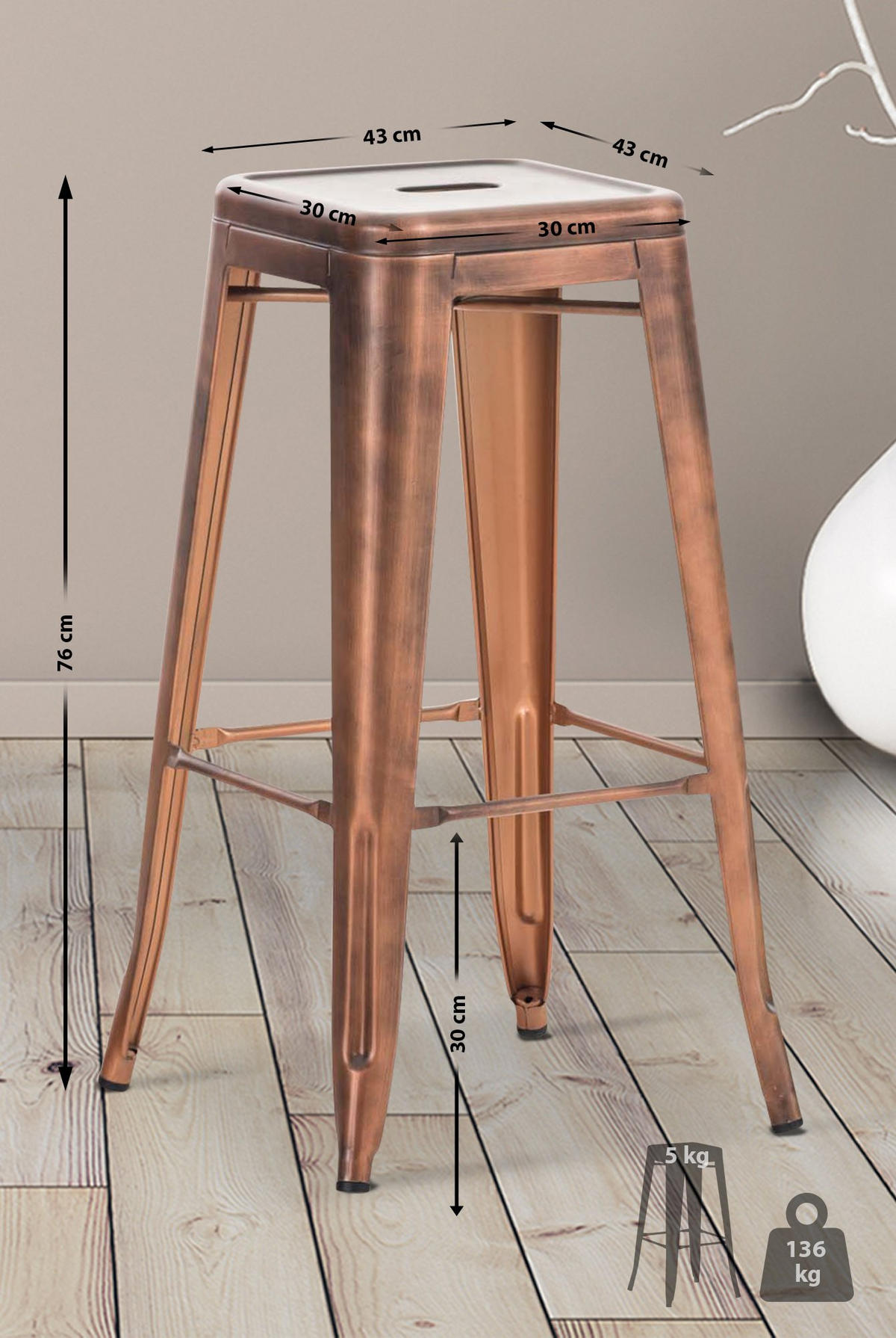 BARHOCKER Metall kupfer - Kupferfarben, Metall (43/76/43cm) - CLP
