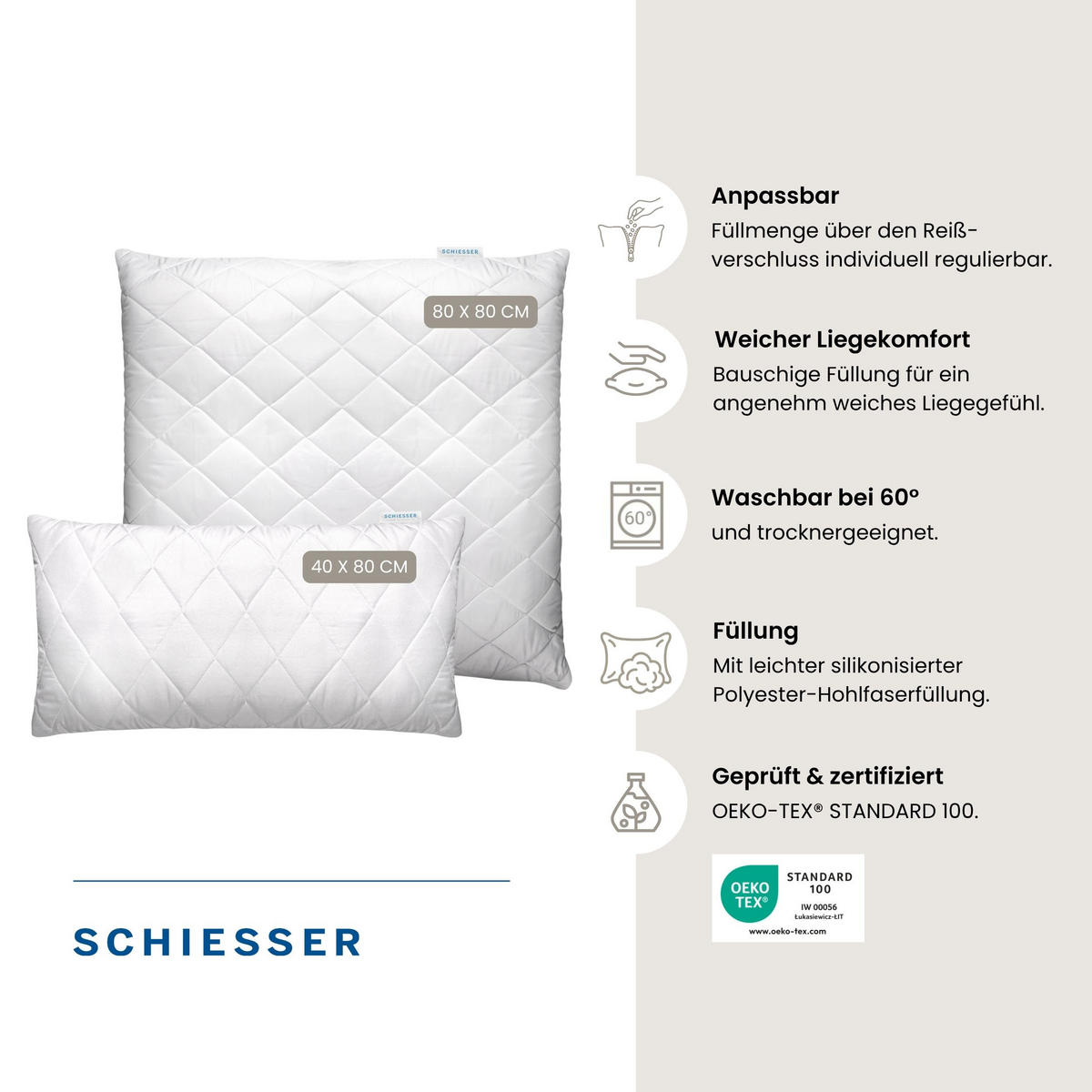 KOPFKISSEN Hygge - Mikrofaserbezug - Füllung aus silikonisierter Polyester-Hohlfaser - 80x80 cm - Weiß - Weiß, Textil (80/80cm) - SCHIESSER