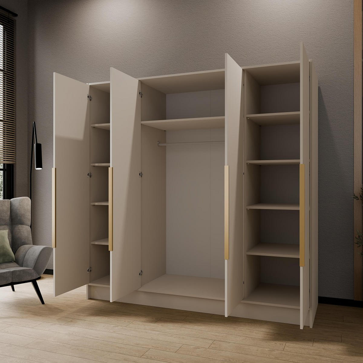 DREHTÜRENSCHRANK Pavia ohne Spiegel, Kaschmir mit goldenen Griffen, 200 cm - Kaschmir/Goldfarben, Holzwerkstoff (200/200/51cm) - Beautysofa