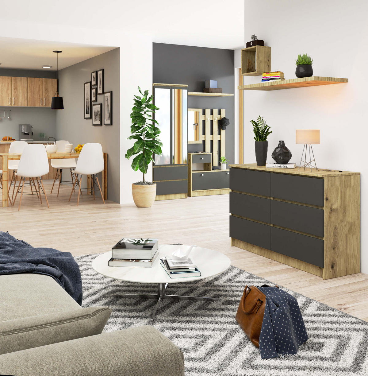 KOMMODE Eiche Artisan, Graphit Grau 77/120/40 - Eiche Artisan, Holzwerkstoff (120/77/40cm) - RAUMHIRSCH FURNITURE