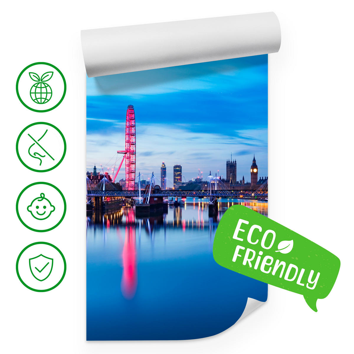 FOTOTAPETE für Wohnzimmer Panorama London Eye Themseufer 300x210 - Blau/Rot, Papier (300/210cm) - Muralo