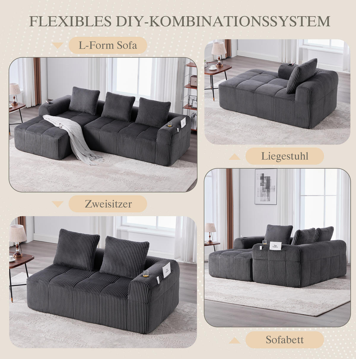 KOMPAKTSOFA Cord mit Modulsystem und Becherhalter 253/158/61 cm Dunkelgrau - Dunkelgrau, Textil (158/253cm) - Redom