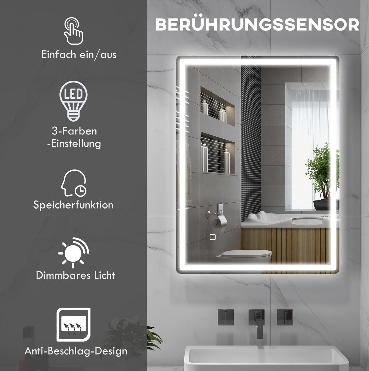 WANDSPIEGEL 60/80/4 cm silber aus Glas mit LED-Touch - Silberfarben, Glas (60/4/80cm) - OKWISH