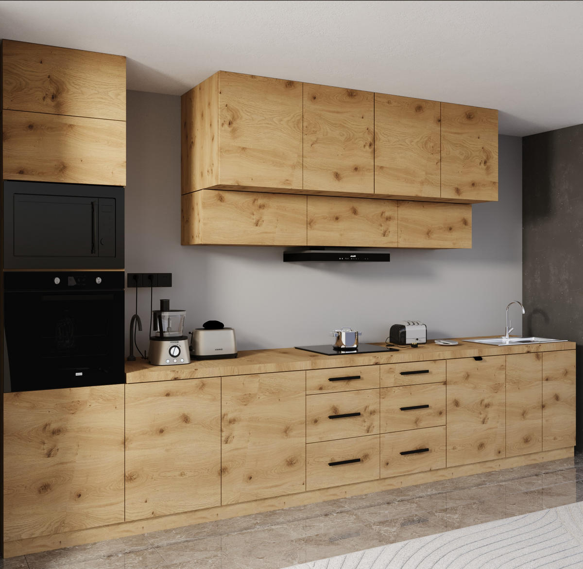 KÜCHENZEILE 440 cm - Langen KL8-M440 in Artisan Eiche - Schwarz/Eiche Artisan, Holz/Metall (440/248/58cm)