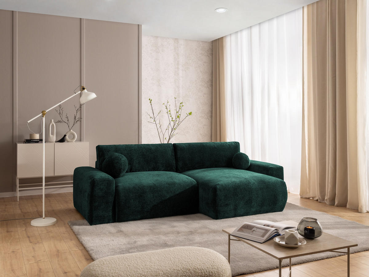 ECKSOFA Puffy mit Schlaffunktion und Bettkasten - besonders weich und puffig aus Grün Stoff mit Chenillestruktur - Ottomane rechts - Schwarz/Grün, Holz/Kunststoff (266/138cm) - S-Style Möbel