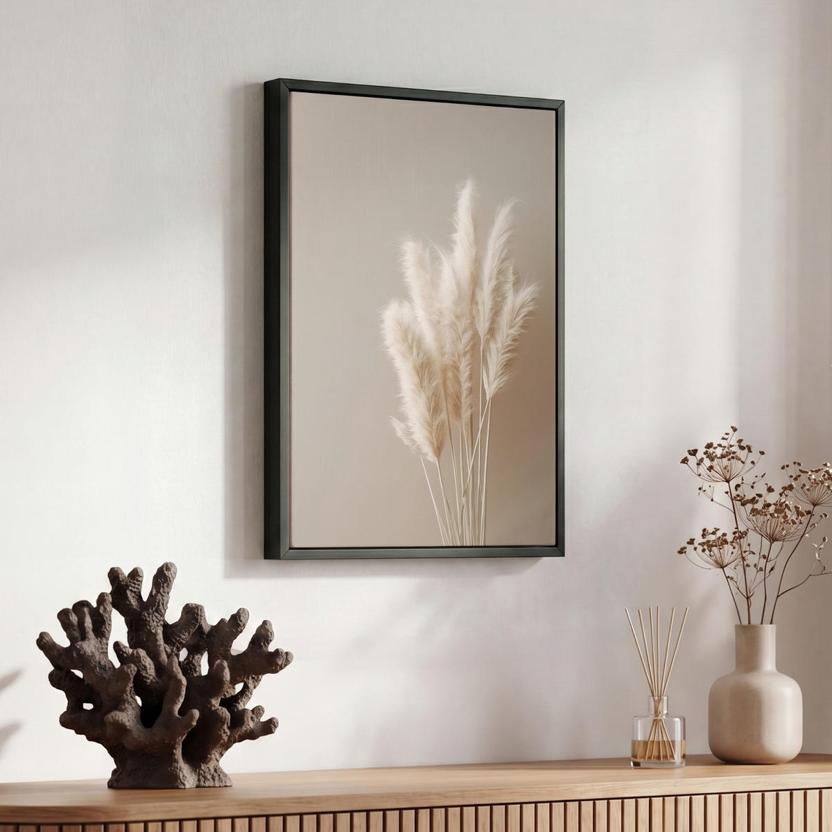 LEINWAND Bilder mit Rahmen - Pampasgras - Federn - Pastell - Weiß - 30x40 - Naturfarben, Textil (30/40cm) - MuchoWow