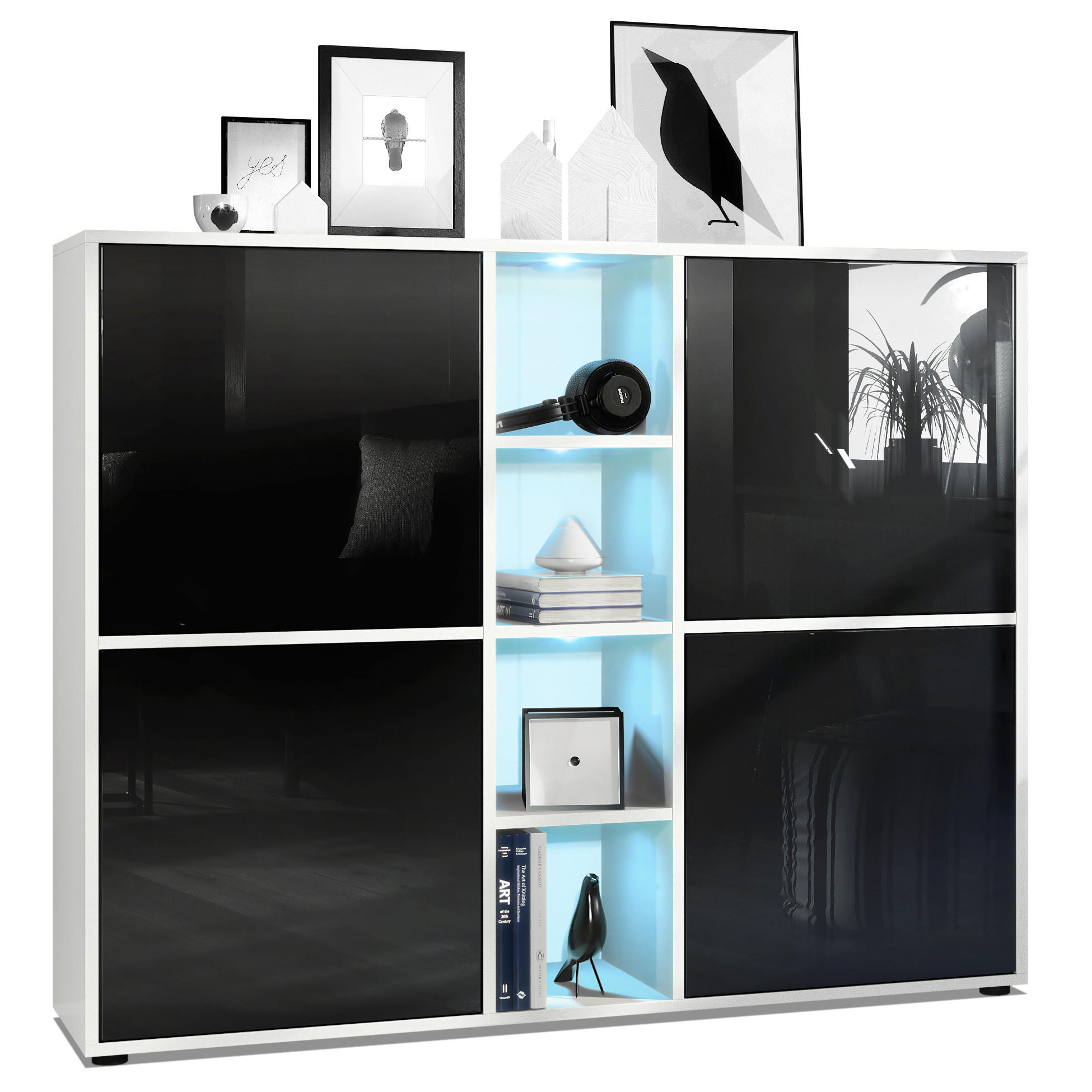 Vladon Highboard Schwarz Hochglanz 130.5x105.5x35.5 cm
