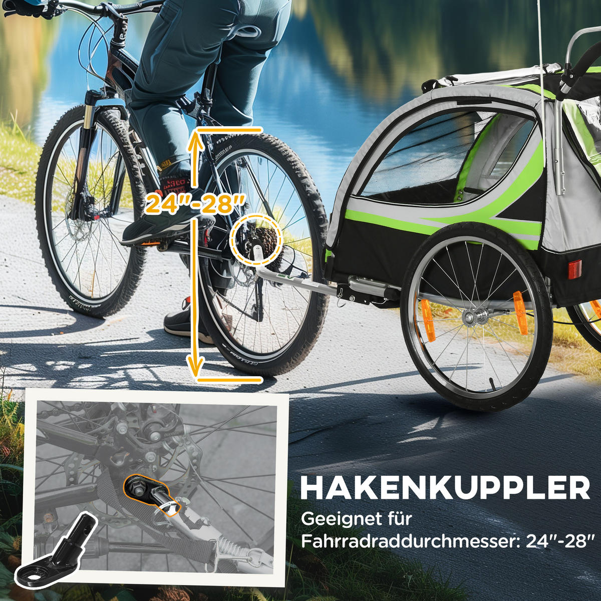 2 in 1 Kinderanhänger, Fahrradanhänger Kinderbuggy mit 5-Punkt Sicherheitsgurt - Schwarz/Grün, Kunststoff/Metall (75/101/142cm) - HOMCOM