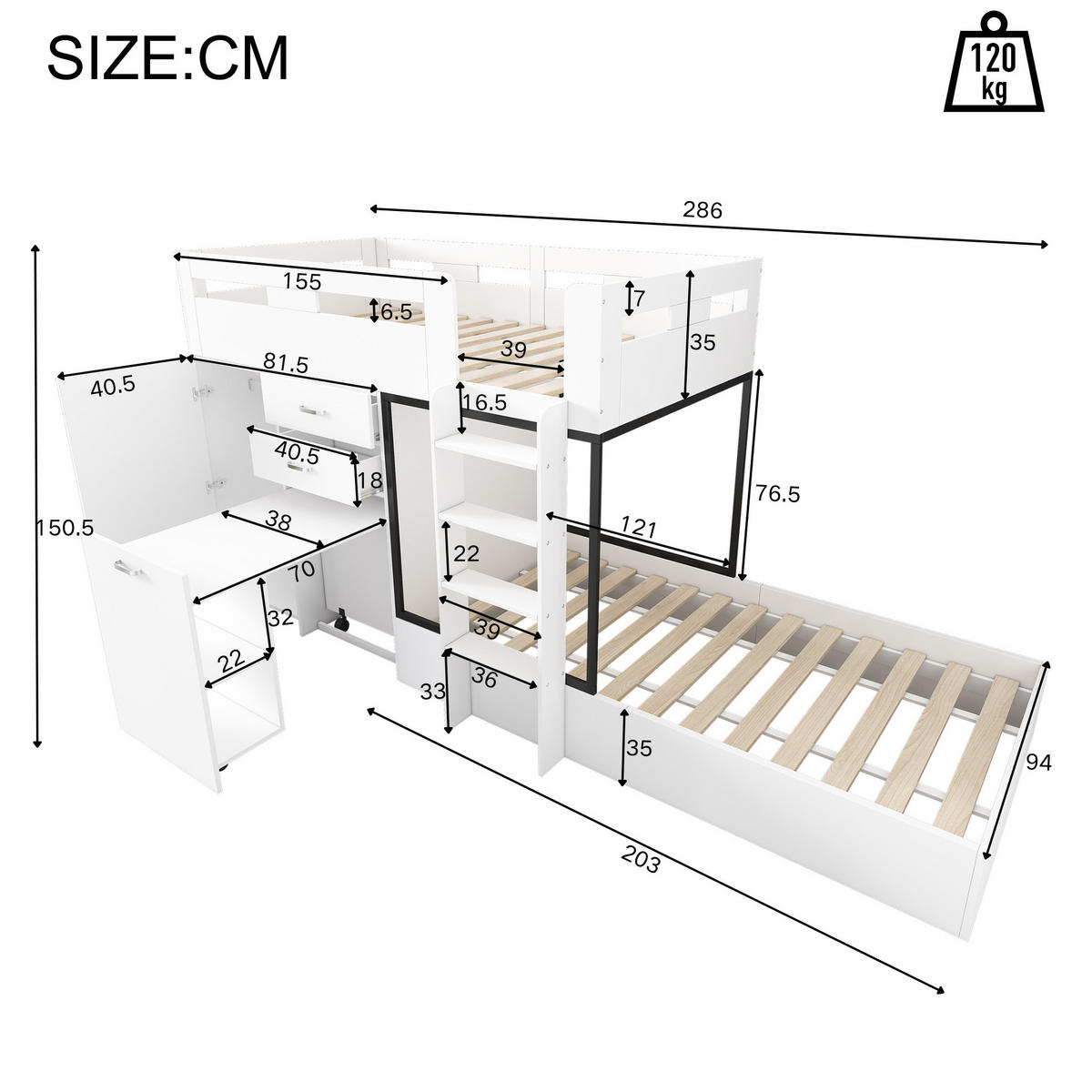 ETAGENBETT 90/200 cm in Weiß/Schwarz mit ausziehbarem Schreibtisch und Kleiderschrank - Weiß, Holzwerkstoff (90/200cm) - Flora Grace