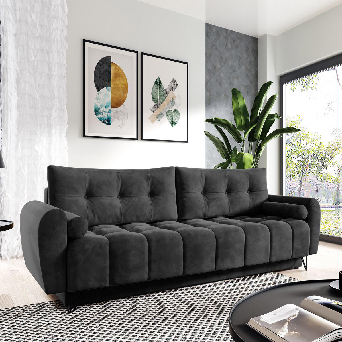 SCHLAFSOFA Malaga 3-Sitzer, Schwarz - Schwarz, Textil (223/93/100cm) - Beautysofa