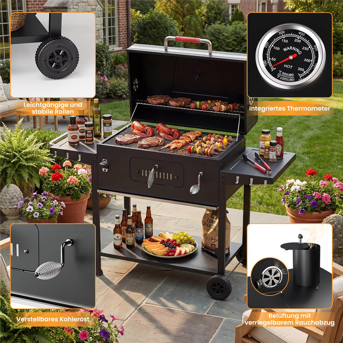 HOLZKOHLEGRILL Gartengrillwagen mit Thermometer - Schwarz, Metall (76/87/45.5cm) - Kaket