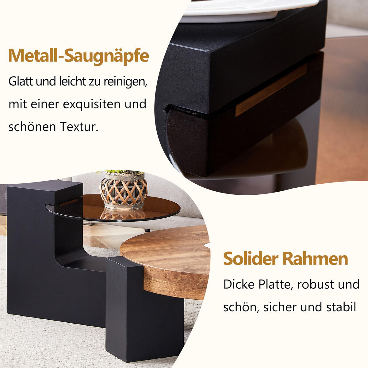 COUCHTISCH-SET rund 61/30 cm & 44/44 cm aus MDF und Glas mit 2 Ebenen - Schwarz, Holzwerkstoff (61/61/30cm) - Flora Grace