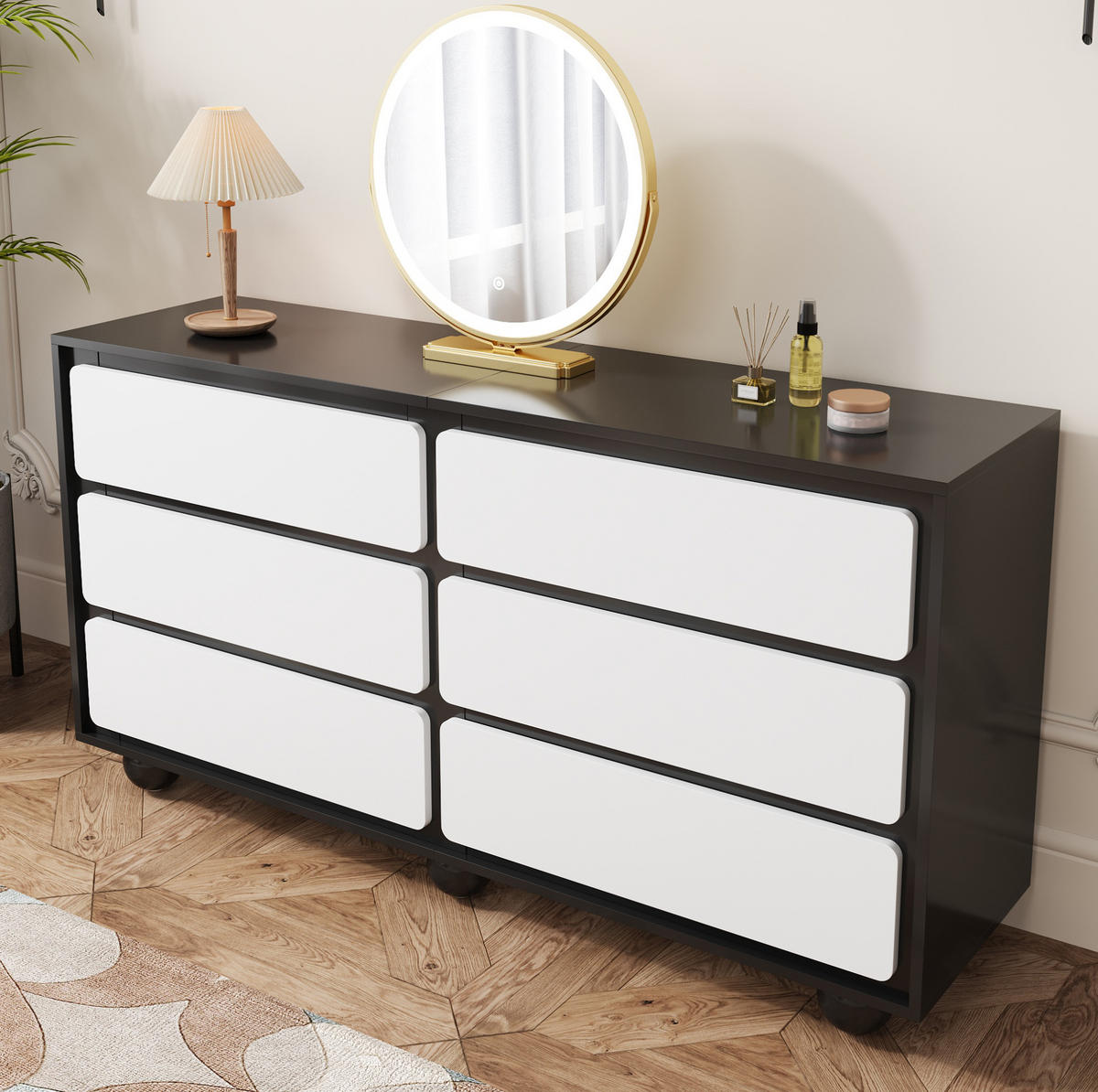 SIDEBOARD 140/38/74,5 cm mit 6 Schubladen in Weiß/Schwarz - Weiß, Holzwerkstoff (140/74.5/38cm) - BEAOK