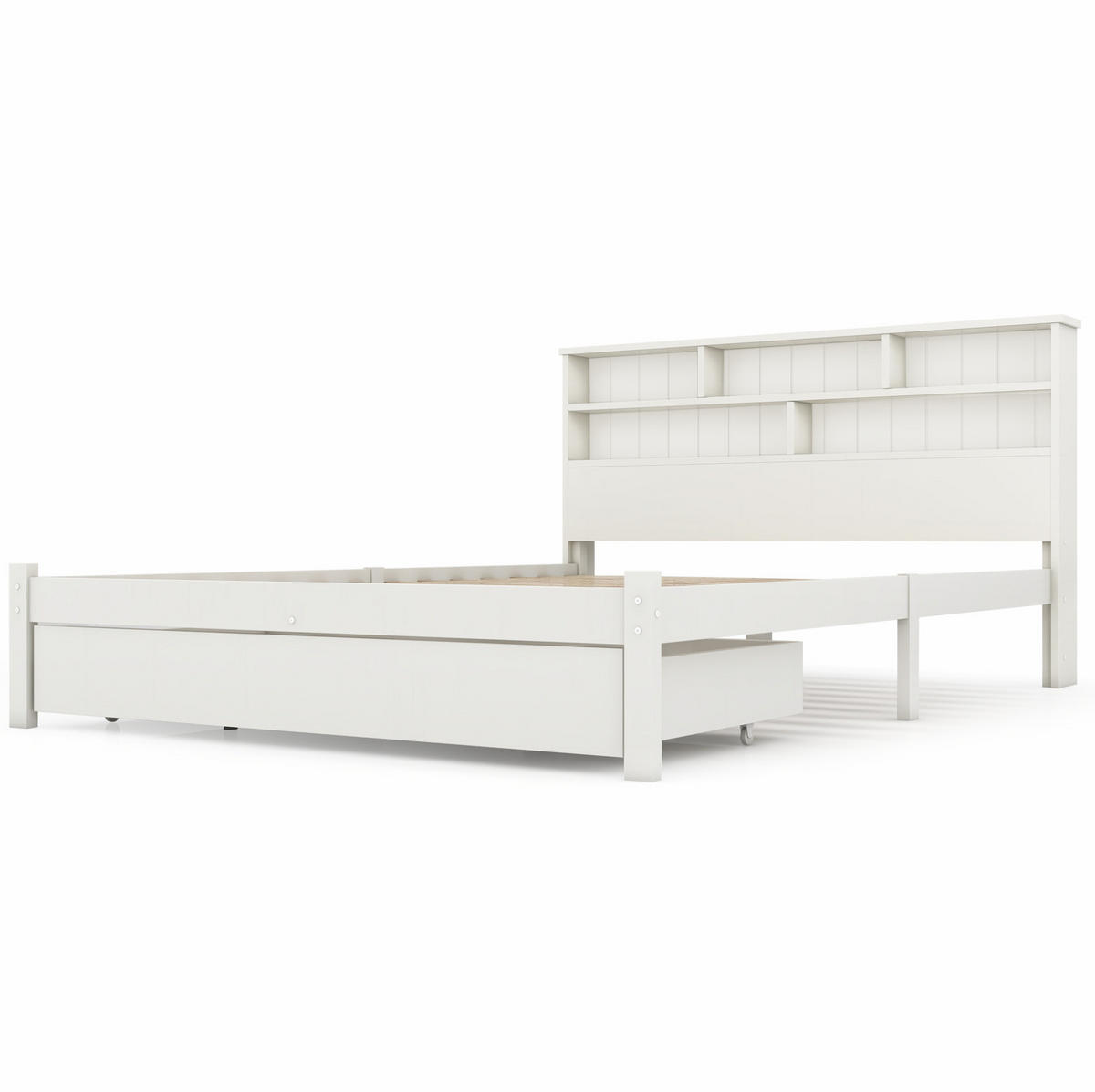 HOLZBETT 140/200 cm in Weiß mit Kopfteil im Bücherregal-Stil und Schubladen - Weiß, Holz (140/200cm) - BEAOK