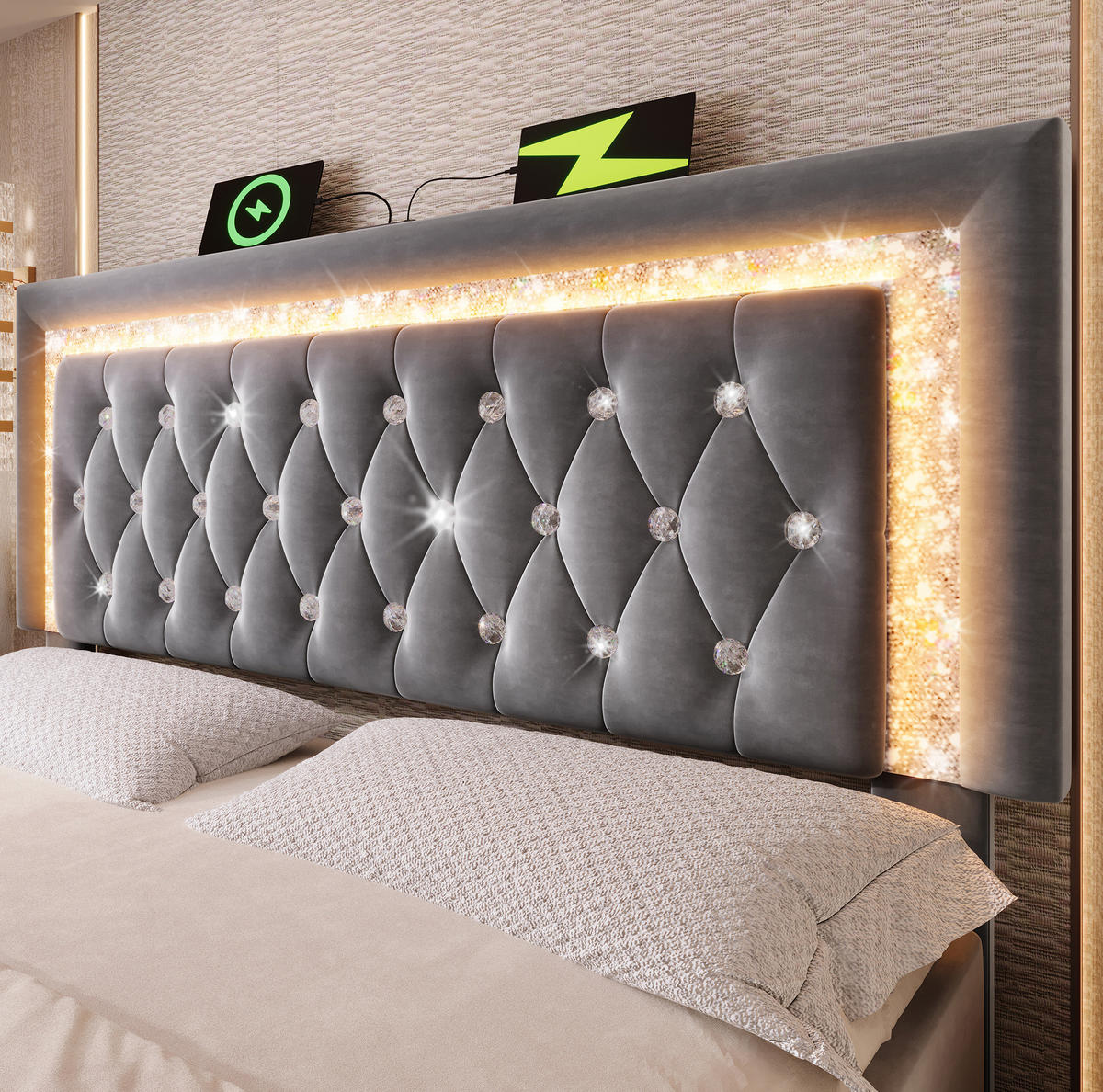 POLSTERBETT 140/200 cm Grau mit LED-Diamantstreifen und USB-Anschlüssen - Grau, Textil (140/200cm) - OKWISH