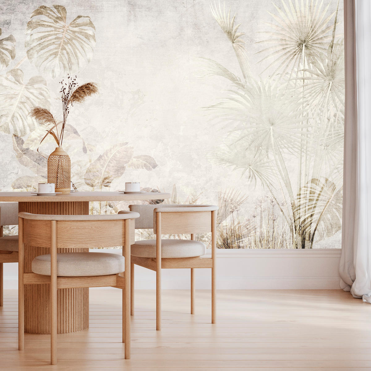 FOTOTAPETE für Wohnzimmer Tropisch Vintage Palmenblätter Beton 500x350 - Beige/Creme, Papier (500/350cm) - Muralo