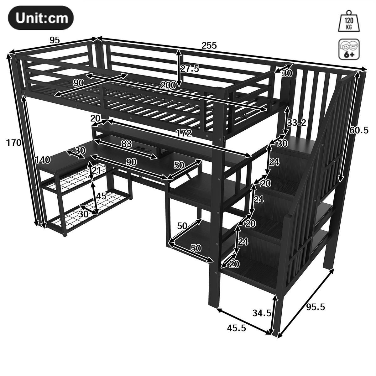 HOCHBETT 90x200cm Schwarz Metall LED-Licht Schreibtisch USB - Schwarz, Metall (90/200cm) - FLIEKS