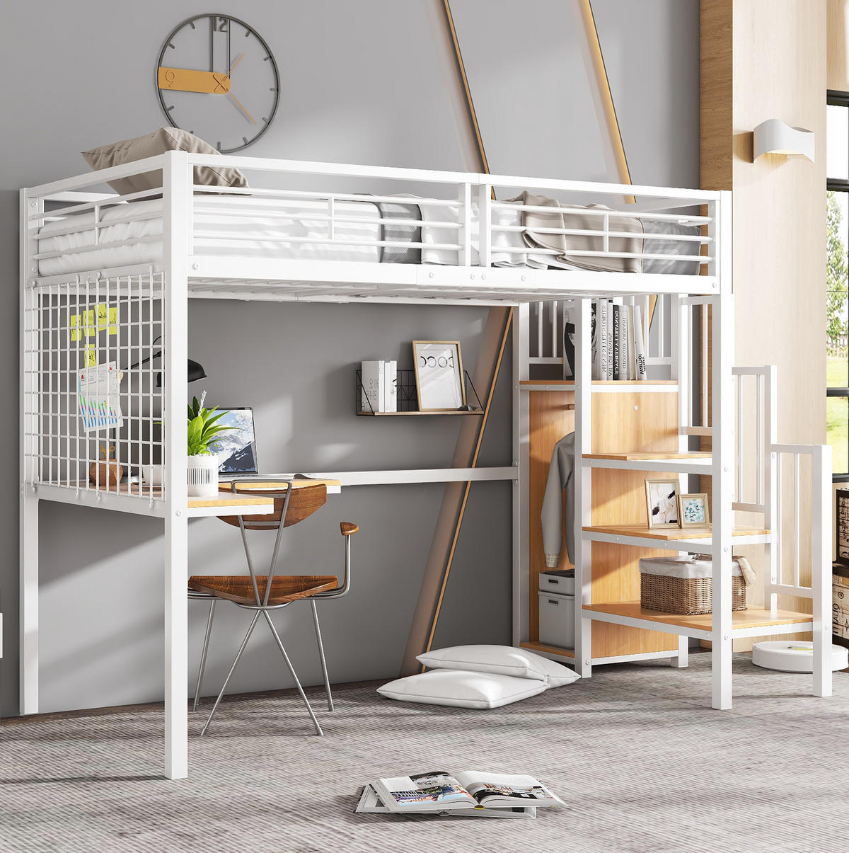 HOCHBETT 90/200 cm in Weiß/Natur mit Kleiderschrank, Tisch und seitlicher Treppe - Weiß, Holzwerkstoff (90/200cm) - Flora Grace