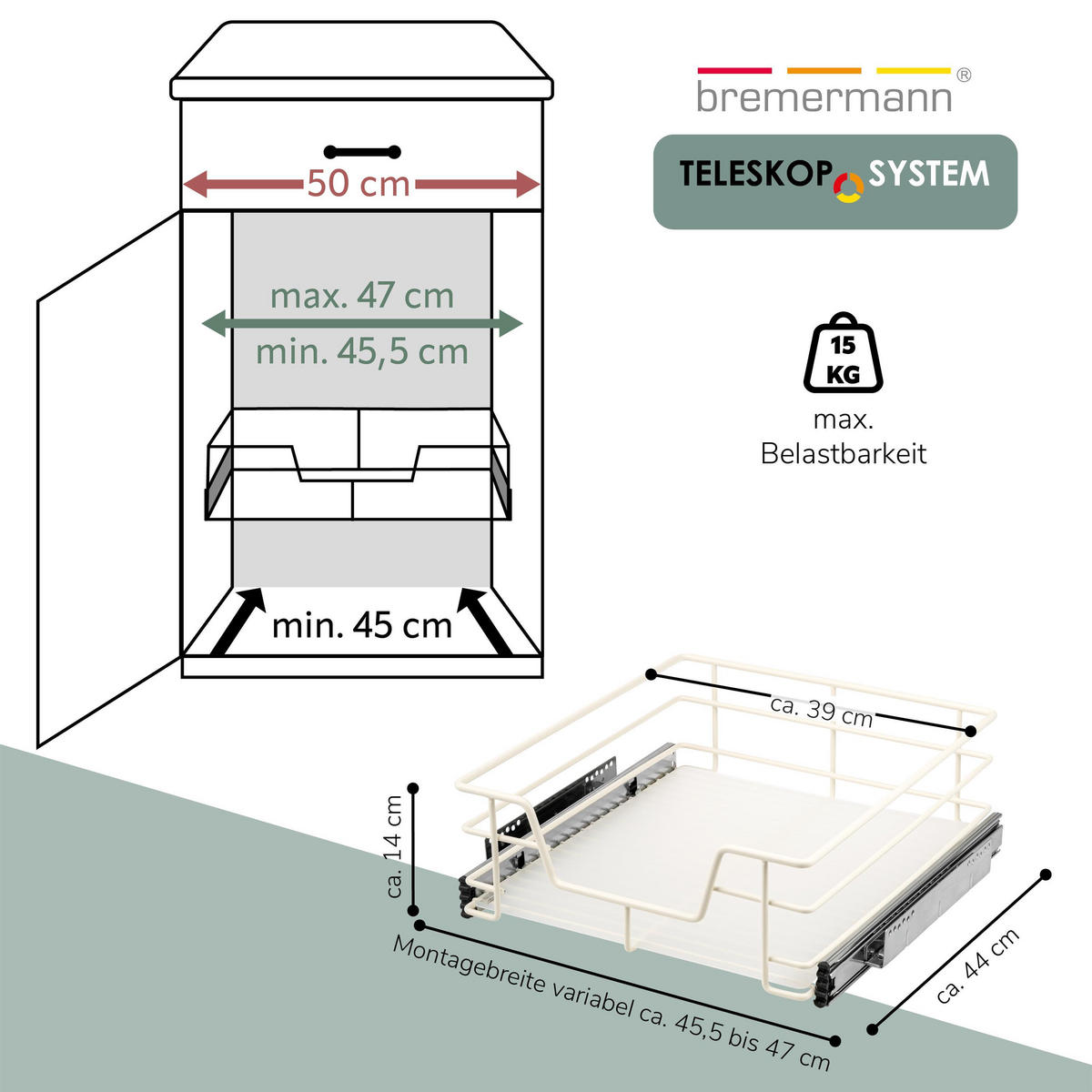 TELESKOPSCHUBLADE 50 cm Breite, mit Einlegeboden, Küchenschublade, cremeweiß - Creme, Metall (47/14/44cm) - bremermann