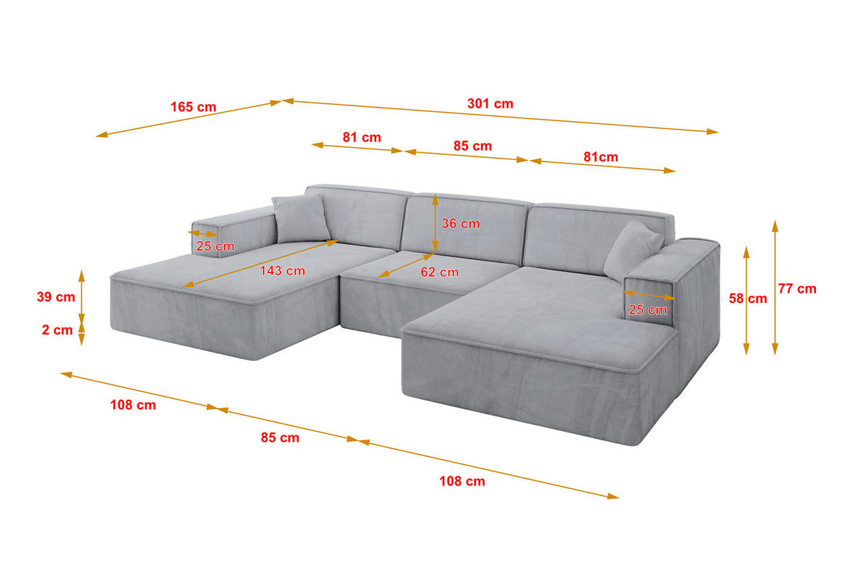 WOHNLANDSCHAFT IREA-U1-v4 - 301x165x77 cm Grau - Titanfarben, Holzwerkstoff/Textil (301/77/165cm) - ALTDECOR