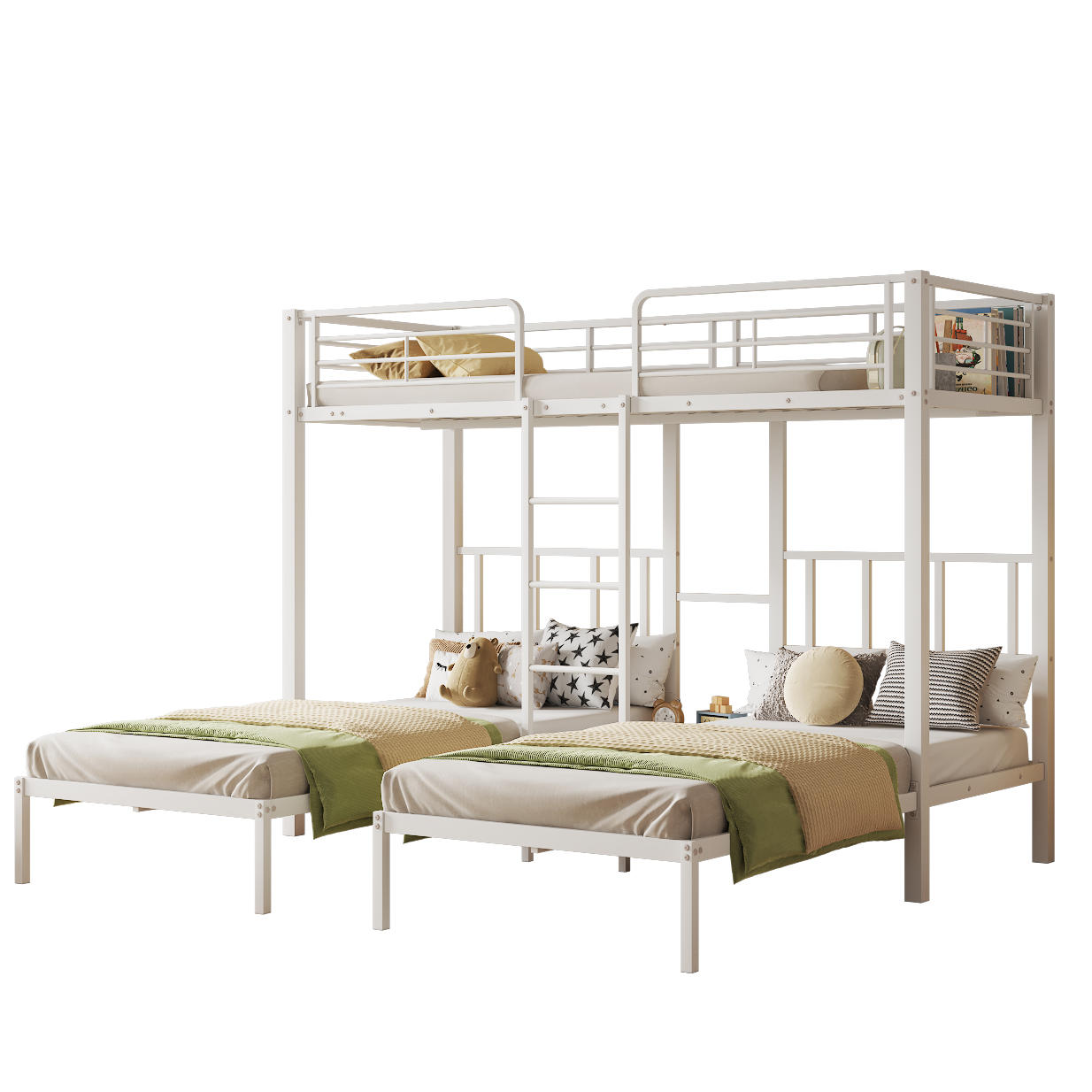 ETAGENBETT 90/200 cm Weiß mit Leiter und Stauraum für 3 Personen - Weiß, Metall (90/200cm) - OKWISH