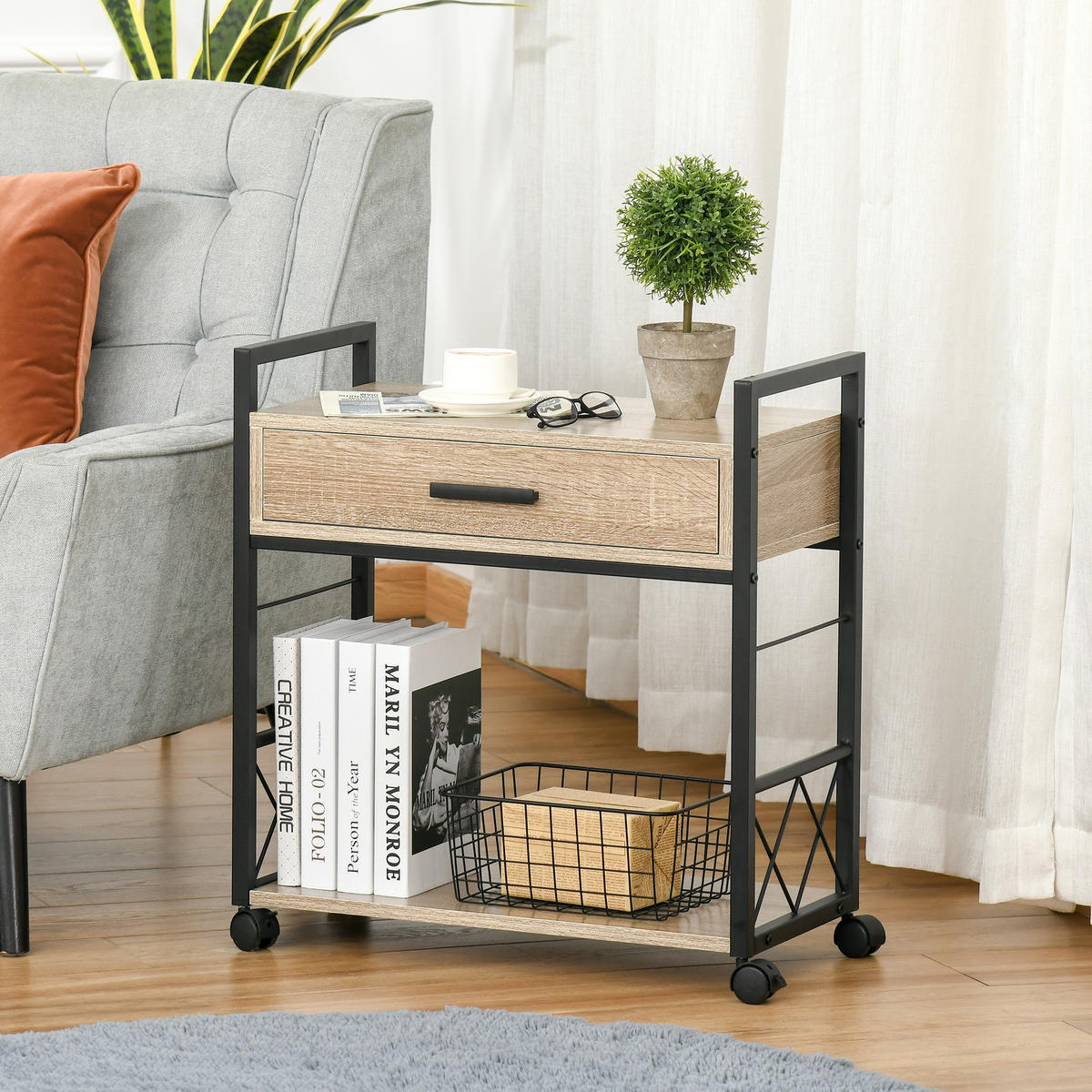 BEISTELLTISCH Servierwagen mit Schublade Ablage Küchenwagen Sideboard Natur - Eichefarben, Kunststoff (60/30/65cm) - HOMCOM