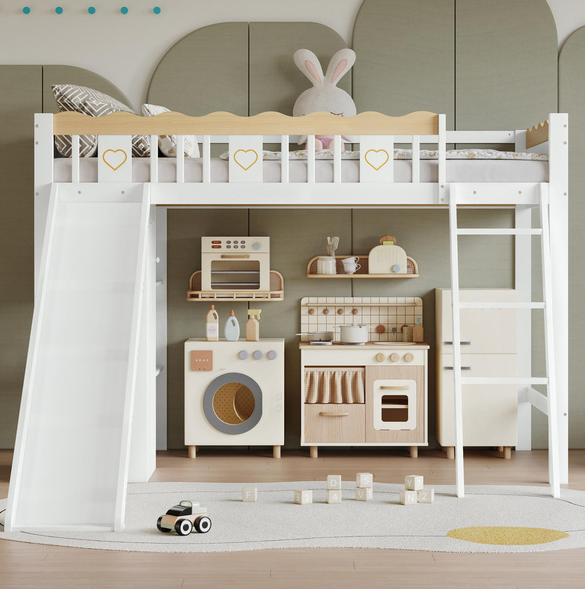 HOCHBETT 90/200 cm Weiß/Natur mit Rutsche und Schrank - Weiß, Holz (90/200cm) - Flora Grace