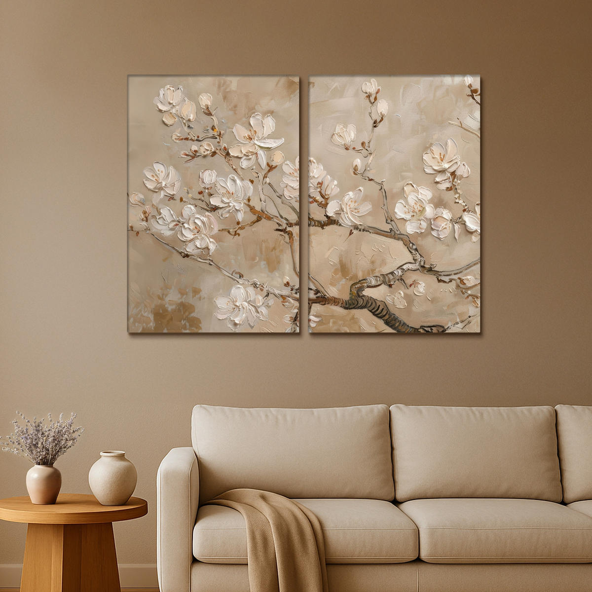 LEINWANDBILD 2er Set Beige - Blüte - Modern 160x120 cm - Greige, Textil (160/120cm) - MuchoWow