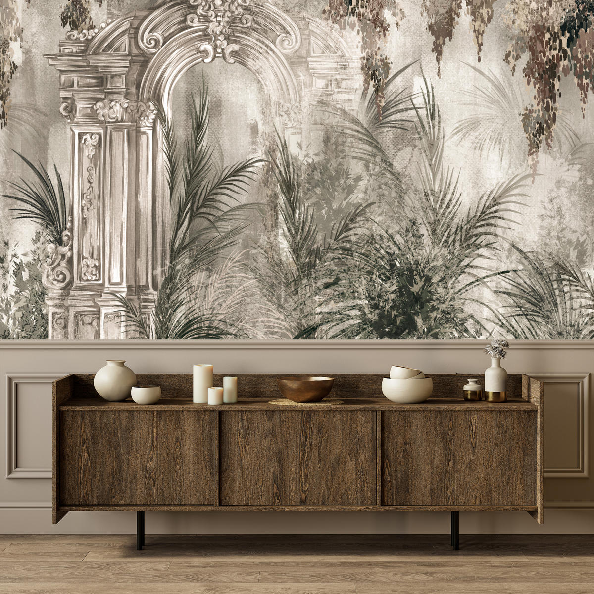 FOTOTAPETE für Wohnzimmer Kolumnen Tropen Pflanzen Palmen Natur 250x175 - Beige, Papier (250/175cm) - Muralo