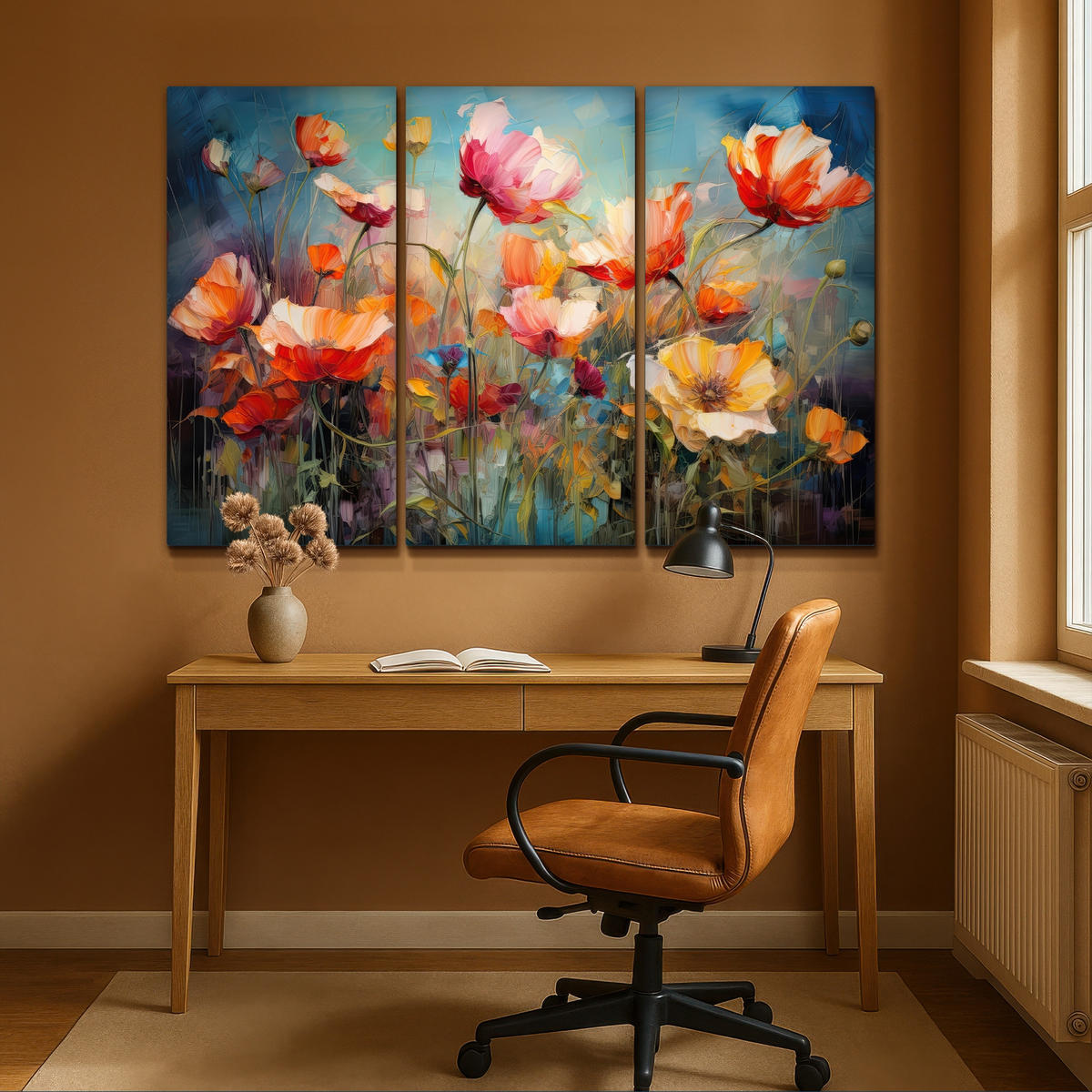 LEINWANDBILD 3er Set Blumen - Bunt - Abstrakt 150x100 cm - Blaugrau, Textil (150/100cm) - MuchoWow