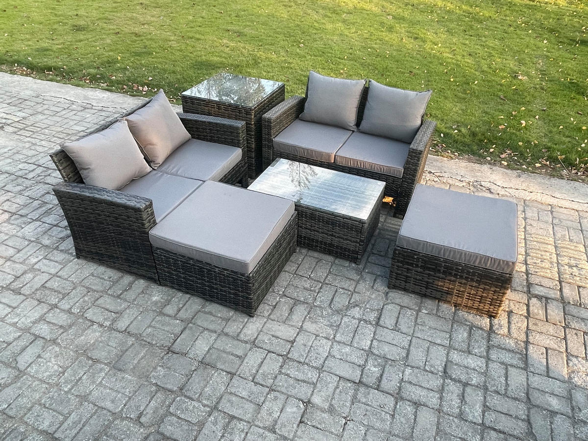 GARTENMÖBEL SET MIT BEISTELLTISCH COUCHTISCH 2 HOCKER Polyrattan Dunkelgrau Gemischt 6-Sitzer - Dunkelgrau, Metall - Fimous