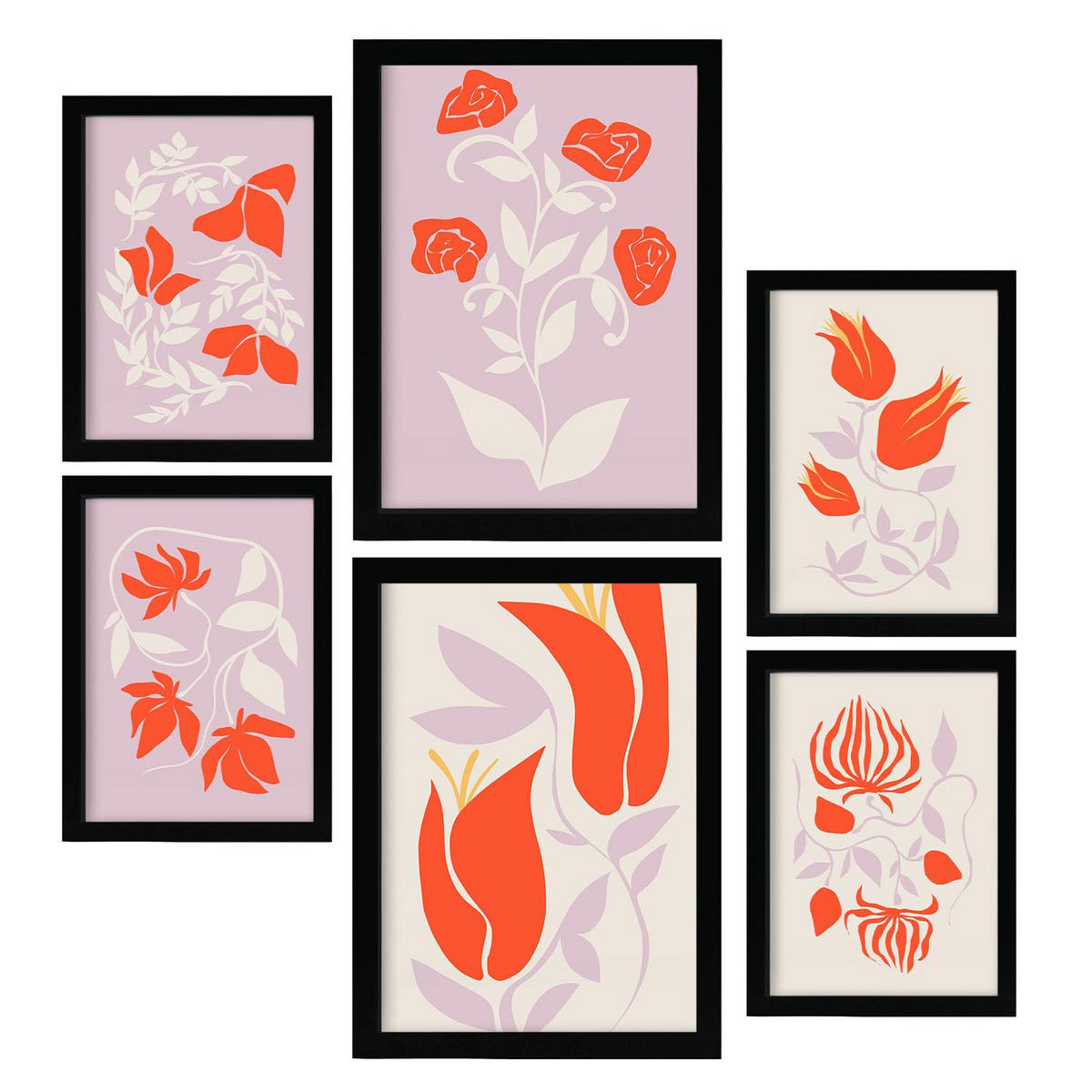 POSTER Set Mit 6 prächtige abstrakte Blumen von Blom Größe A3 & A4 Schwarzer Rahmen - Schwarz, Papier (29.7/1cm) - Nacnic