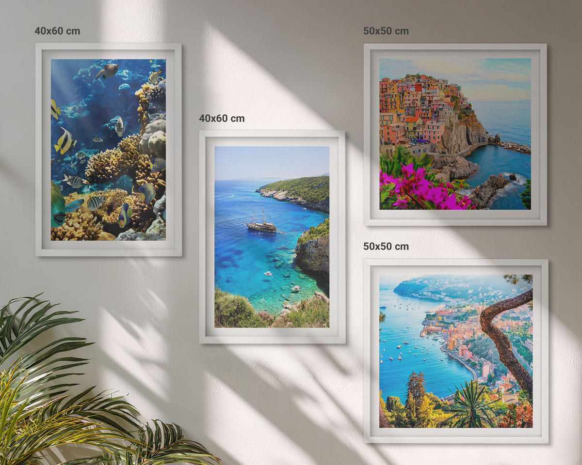 BILDER SET 4er Set - 50x50 cm & 40x60 cm Weißer Rahmen - Meerblick, farbenfrohe Häuser - Weiß, Kunststoff (50/50cm) - TULUP