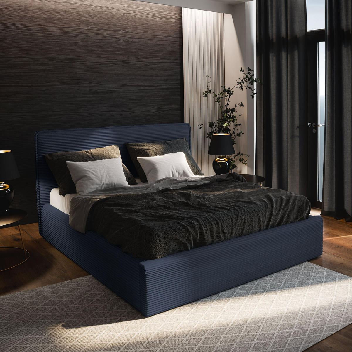 POLSTERBETT PARMA 160x200 cm mit Bettkästen - Blau - Blau, Holz (160/200cm) - MASSENO