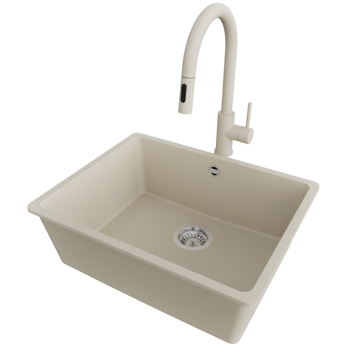 GRANITSPÜLE Venedig Slim Easy, 2-er set Beige 56/44 cm 1 Becken + Küchenarmatur 40/20 cm + Ablauf-Set ab 60er Unterschrank - Chromfarben/Beige, Kunststoff (56/20/44cm) - Primagran