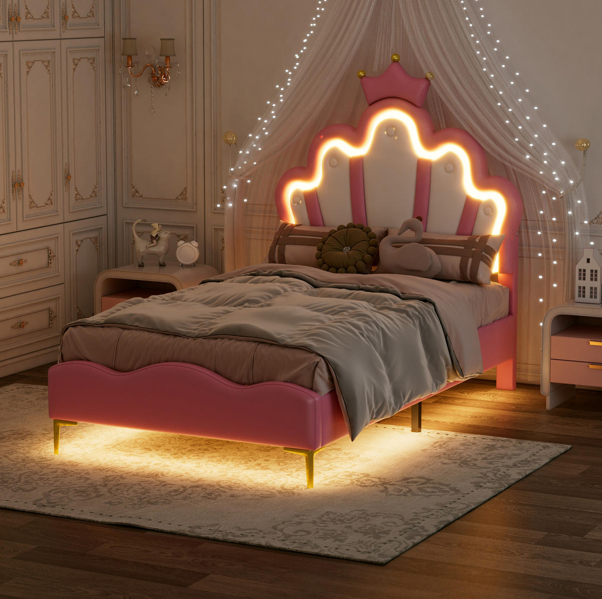 POLSTERBETT 90/200 cm mit LED-Beleuchtung, Kronen-Kopfteil aus PU-Kunstleder, Rosa - Rosa, Kunststoff (90/200cm) - Redom