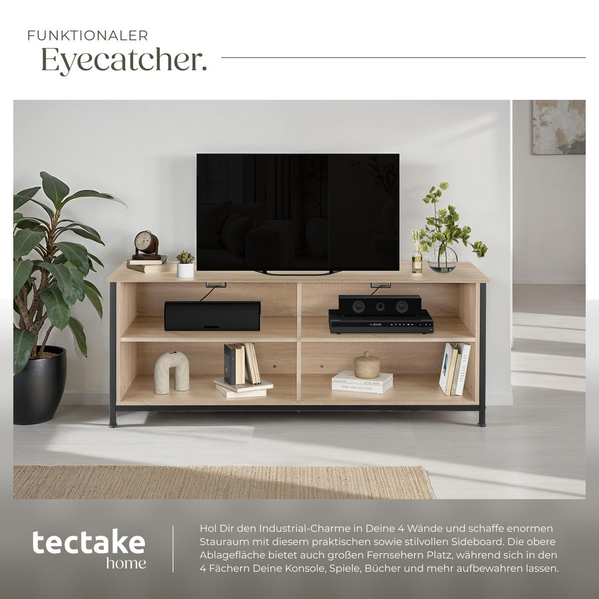 TV-ELEMENT Navan,147 x 41 x 60,5 cm,Industrial Holz hell, Eiche Sonoma - Naturfarben, Holzwerkstoff (41/60.5/147cm) - tectake