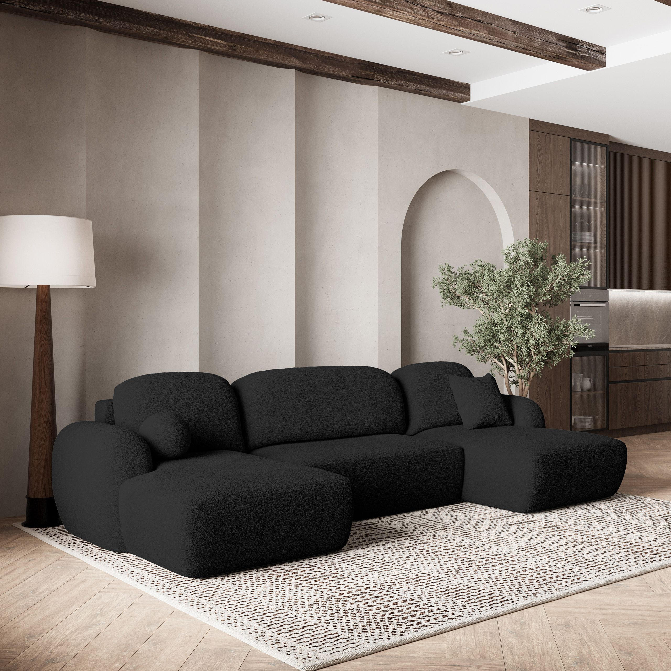 WOHNLANDSCHAFT SAVONA N Schwarz Boucle-Stoff mit Schlaffunktion - Schwarz, Holz (350/90/148cm) - MASSENO
