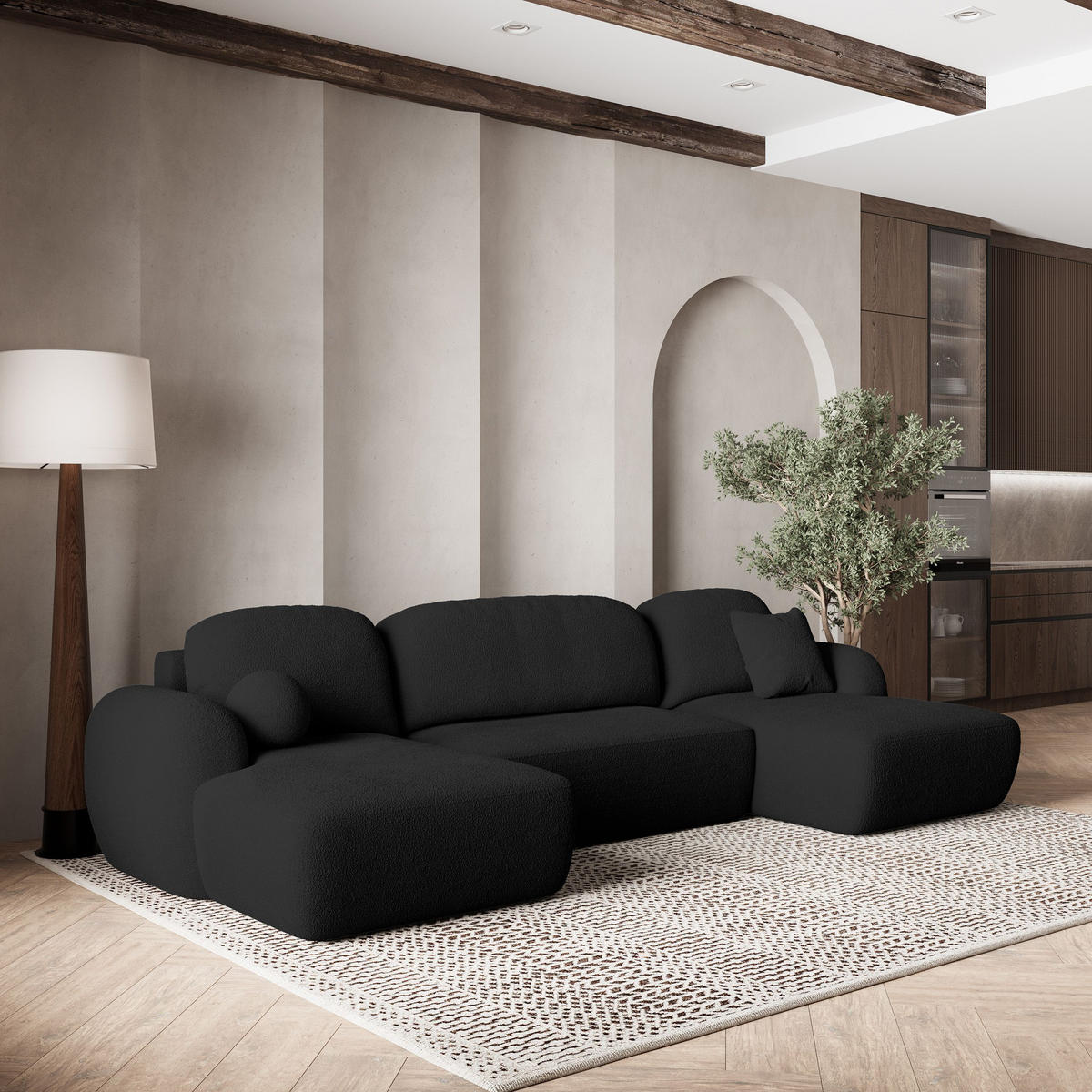 WOHNLANDSCHAFT SAVONA N Schwarz Boucle-Stoff mit Schlaffunktion - Schwarz, Holz (350/90/148cm) - MASSENO