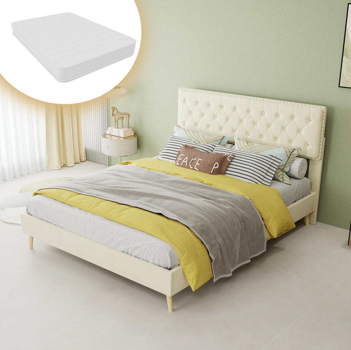POLSTERBETT 140/200 cm mit Matratze, hohem Kopfteil und Stauraum unter dem Bett, Beige - Beige, Textil (140/200cm) - Redom