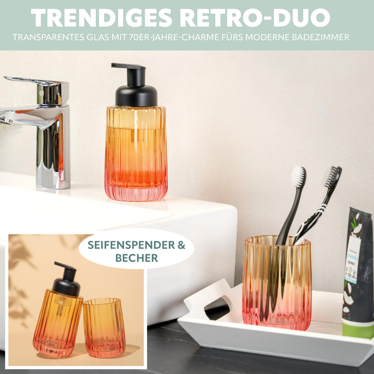 BADEZIMMER ZUBEHÖR-SET, Glas orangerot - Multicolor, Glas (8/17/8cm) - bremermann