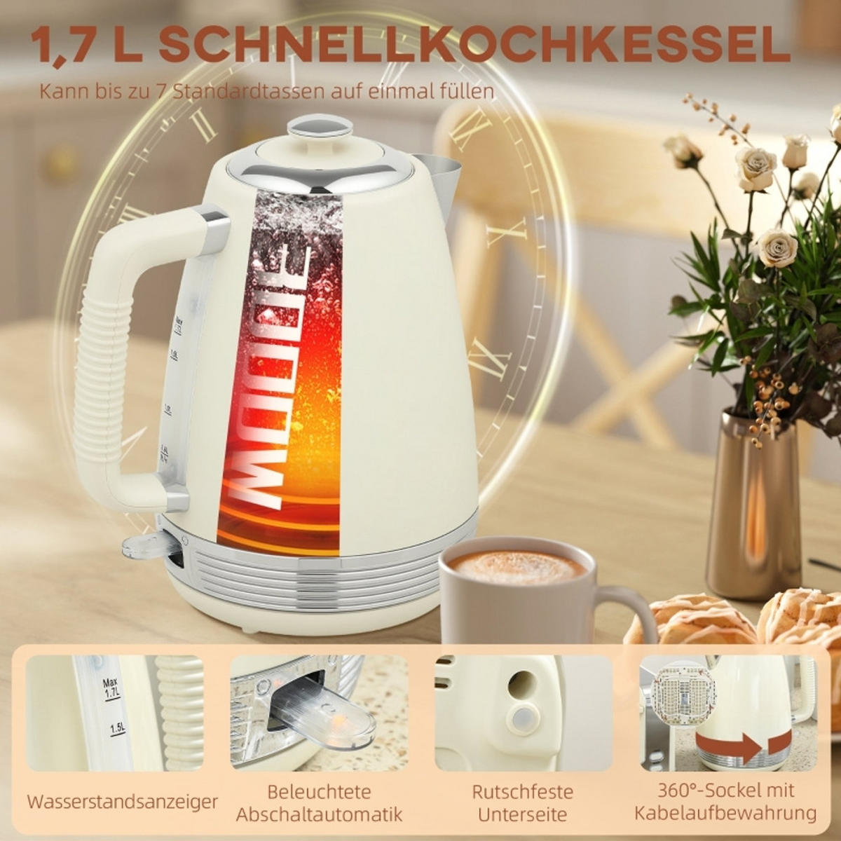 WASSERKOCHER-TOASTER SET Creme Edelstahl 1,7 L 2200W - Creme, Kunststoff (16.5/25.2/21.1cm) - Rolipo