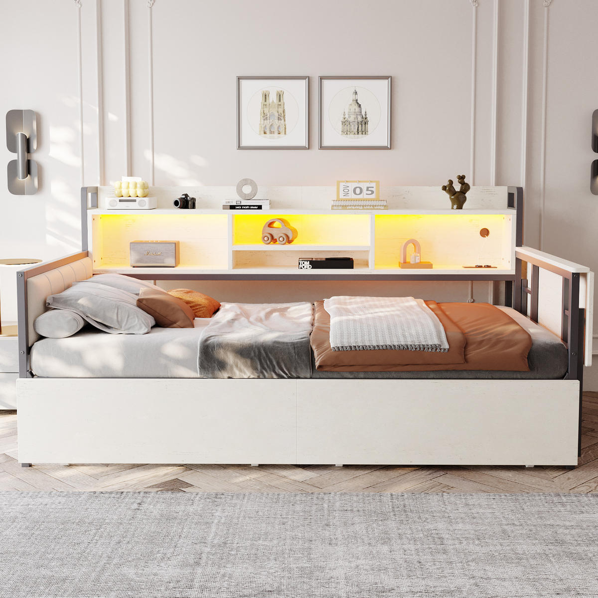 METALLBETT 90/200 cm mit Stauraum, Schreibtisch und LED in Weiß - Weiß, Metall (90/200cm) - BEAOK