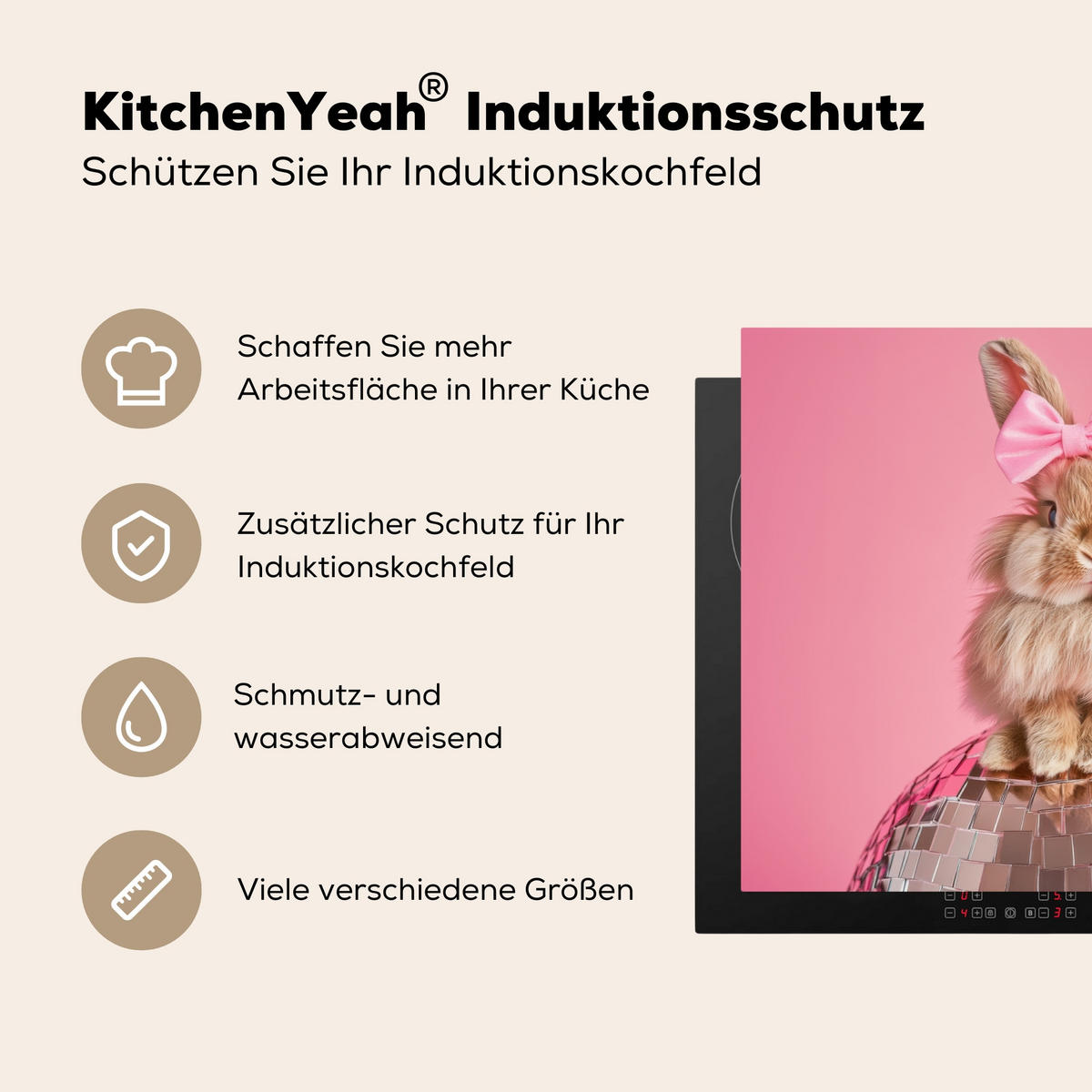 HERDABDECKPLATTE Schleife - Discoball - Kaninchen Herdabdeckung Induktionsfeld 65x52 cm - Pink, Kunststoff (65/52/0.2cm) - MuchoWow