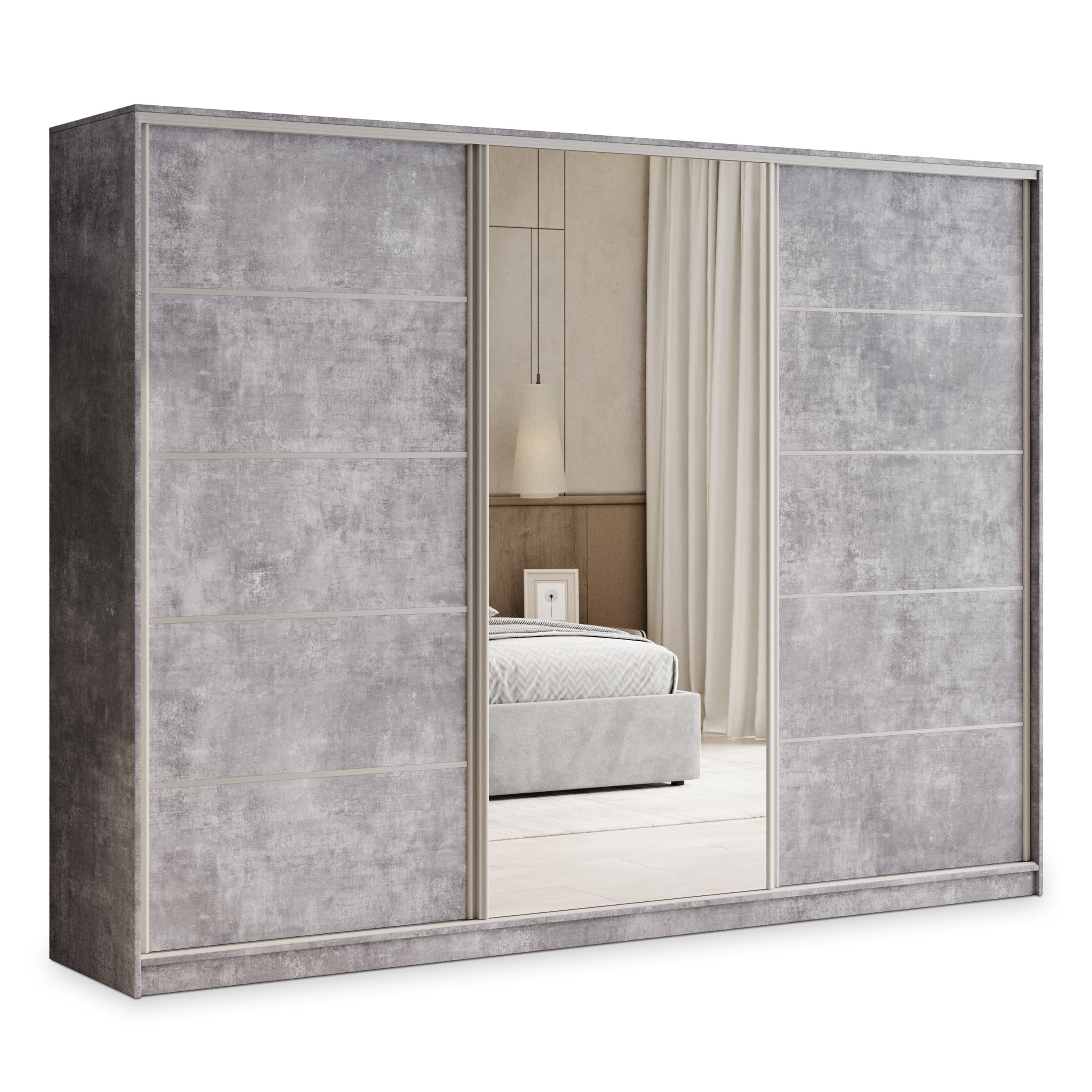 SCHWEBETÜRENSCHRANK PINA 235/205/58 cm 3-türig mit Spiegel und Schubladen Titanfarben - Titanfarben/Silberfarben, Holzwerkstoff (235/205/58cm) - MASSENO