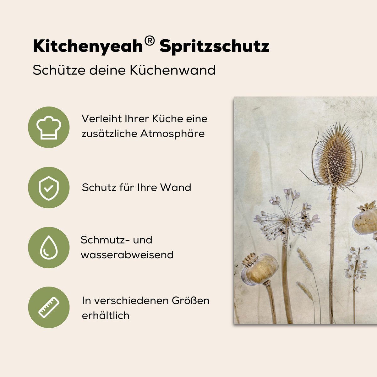 SPRITZSCHUTZ KÜCHE Blumen - Aquarell - Stilleben - Braun - Vintage 80x55 cm - Sandfarben, Metall (80/0.3/55cm) - MuchoWow