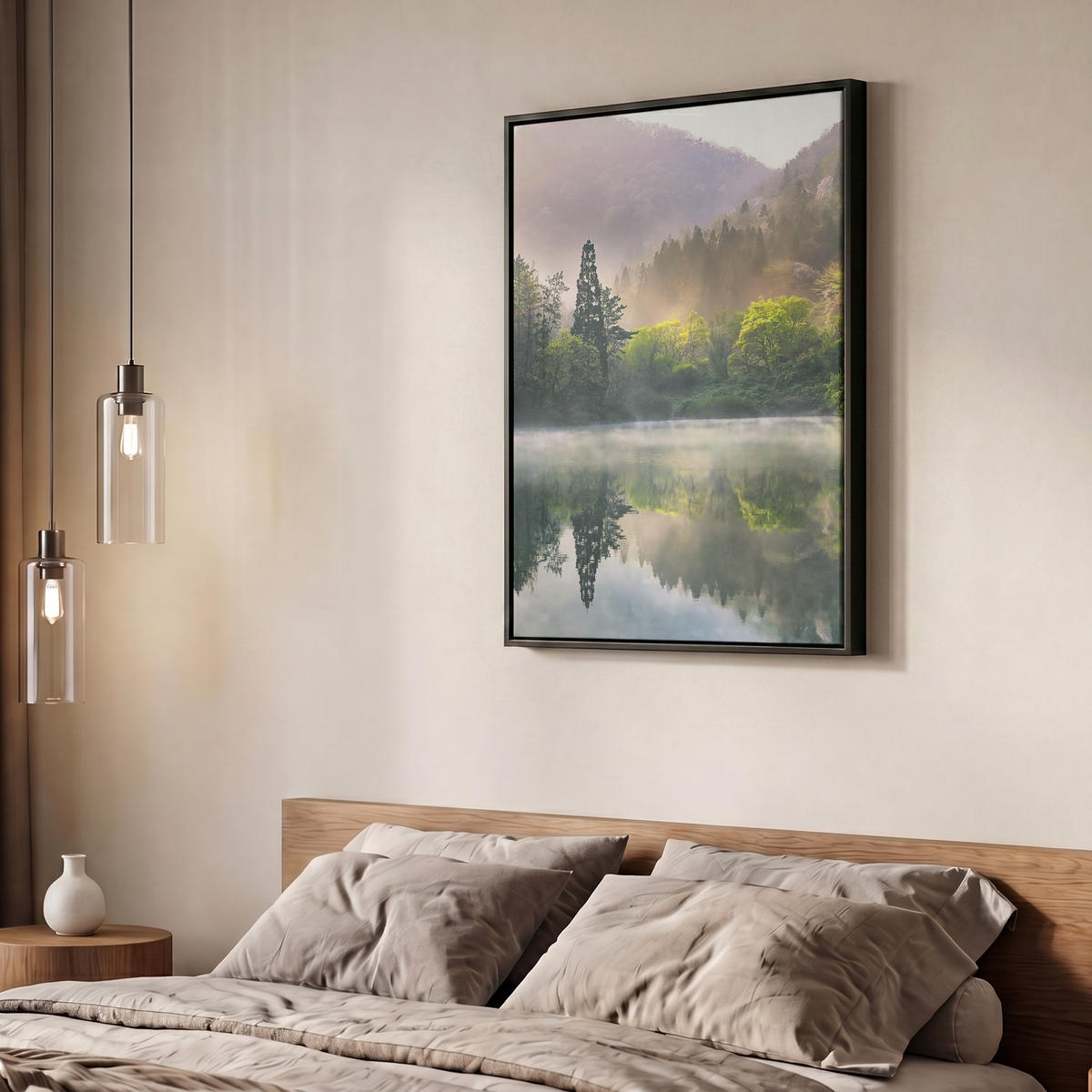 LEINWAND Bilder mit Rahmen - Natur - Bäume - Berge - See - Wasser - 50x70 - Hellgrün, Textil (50/70cm) - MuchoWow