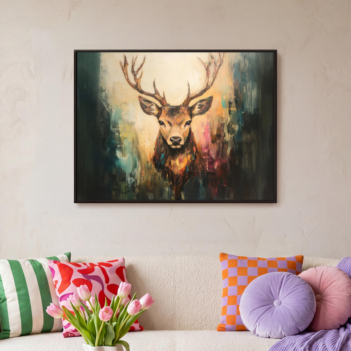 LEINWAND Bilder mit Rahmen - Hirsch - Gemalt - Geweih - Braun - 70x50 - Haselnussfarben, Textil (70/50cm) - MuchoWow