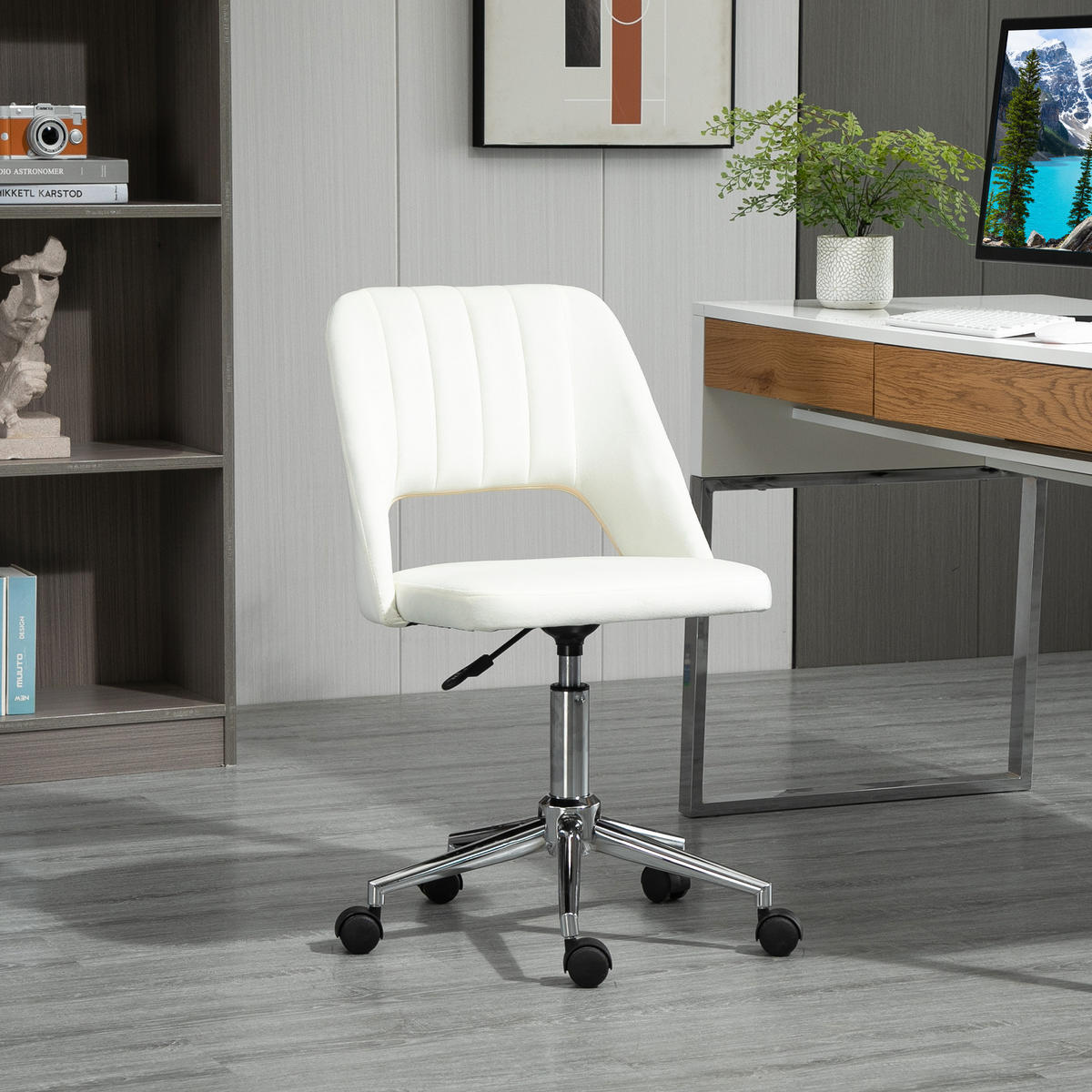HÖHENVERSTELLBARER Schreibtischstuhl mit Rollen, 360° drehbar, Jakobsmuschel-Form, Schaumstoff, 49 x 60 x 79-91 cm, Cremeweiß - Creme, Textil (60/91/49cm)